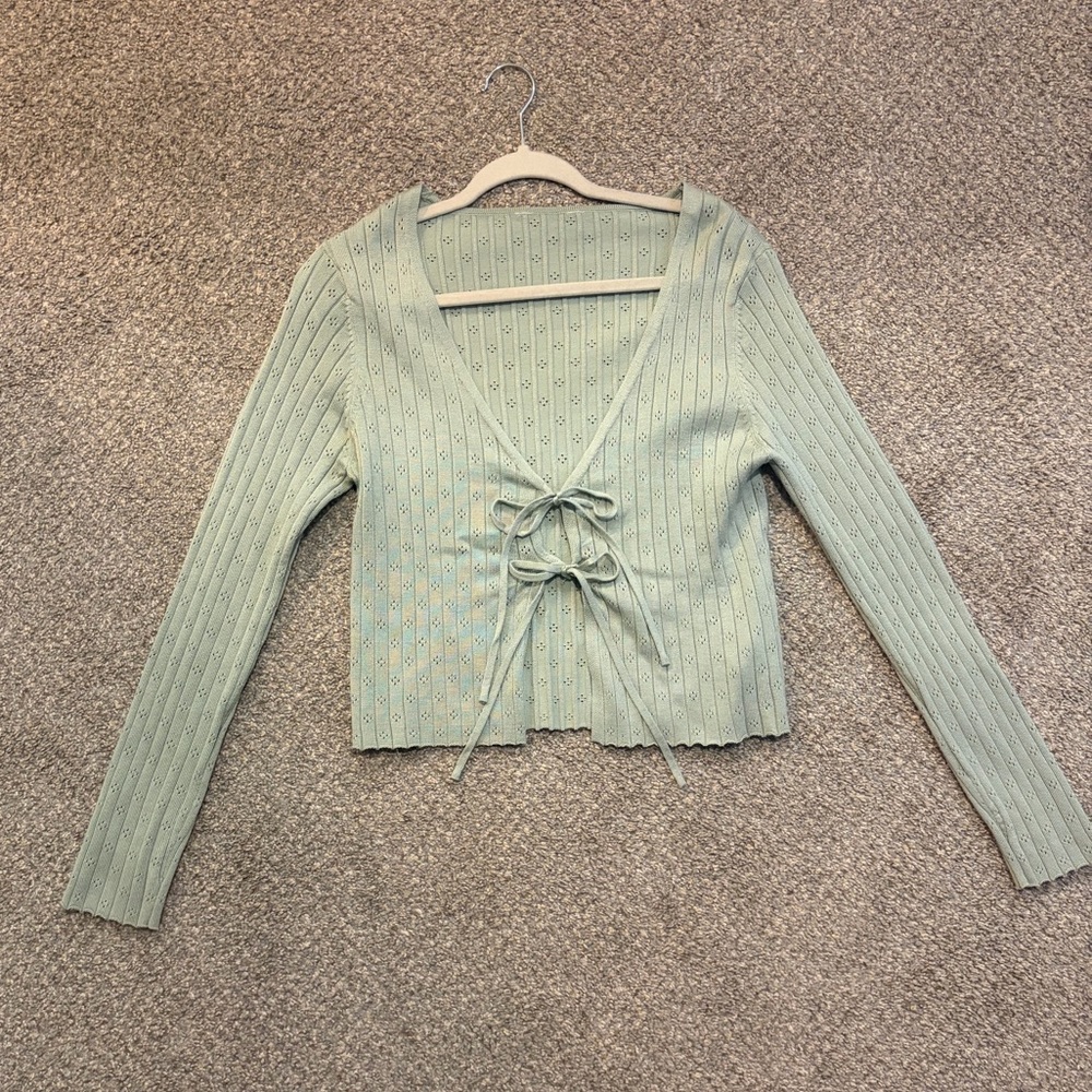 Light Green Ribbed Knit Cardigan